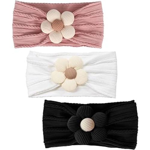 3 Pcs Baby Flower Headbands Baby Girls Nylon Headbands Soft Hairbands Hair Accessories for Newborn Infant Toddler Kids (White Black Pink)