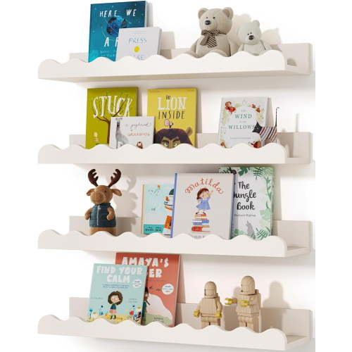 Kids' Bookshelf Set of 4 - White Floating Nursery Book Shelves, Picture Ledge Shelf for Wall Decor and Storage - Perfect for Books, Toys, Photo Frames, and Nursery Décor