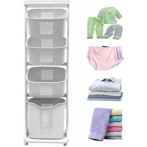 4-Tier Laundry Hamper Sorter, Laundry Storage Organizer with Wheels Removable Rolling Laundry Baskets, Bathroom Cart for Dirty Clothes, Suitable for Laundry Room, Bedroom, Living Room
