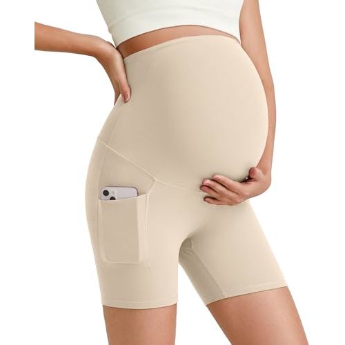 G4Free Barefeel Maternity Biker Shorts with Pockets Over The Belly Legging 5" Pregnancy Yoga Pants Athletic Workout