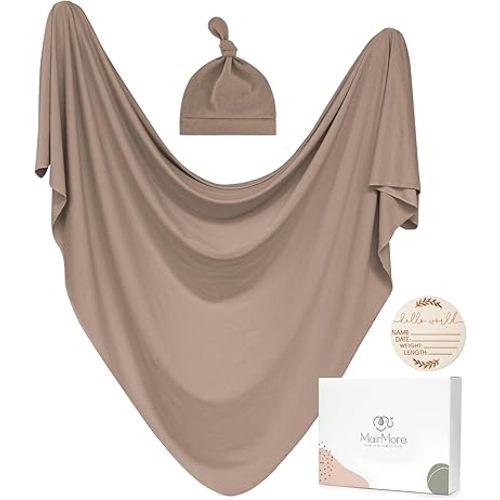 Baby Swaddle Receiving Blankets with Matching Beanie Set Newborn Nursery Swaddle Wrap for Baby Girls and Boys (Brown)