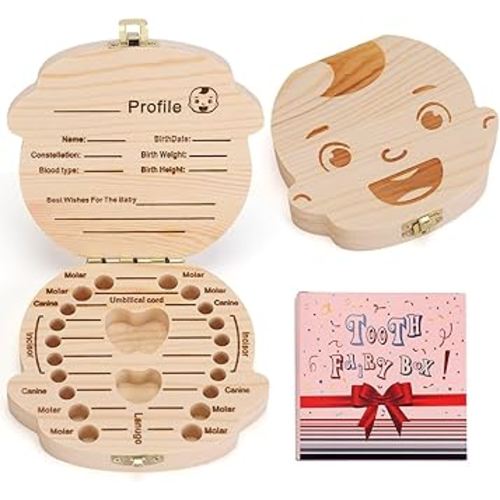 NASHRIO Baby Tooth Box Wooden Kids Keepsake Organizer Gift for Baby Teeth, Cute Children Tooth Container with Tweezers to Keep the Childwood Memory (Boy)