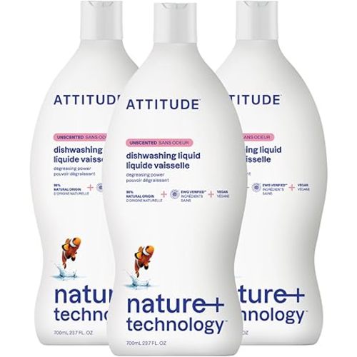ATTITUDE Dish Soap, EWG Verified, Plant-Based & Vegan Dishwashing Liquid, Naturally Derived, Unscented, 23.7 Fl Oz (Pack of 3)