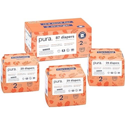 Pura Hypoallergenic Diapers, Size 2 (7-13 lbs) Totally Chlorine Free, Wetness Indicator, Suitable for Sensitive Skin, Soft Organic Cotton, Overnight, 3 Packs of 29 (87 Baby Diapers)