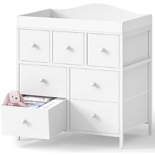 BOLUO Changing Table Dresser with Storage, Baby Dresser with Changing Table Top Diaper Changing Station with 7 Fabric Drawers for Nursery Modern