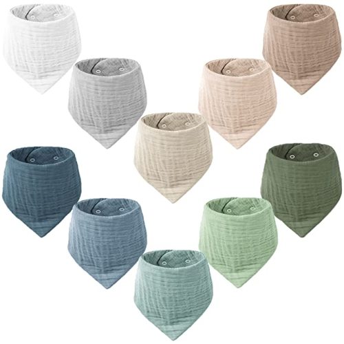 Konssy Muslin Baby Bibs 10 Pack Baby Bandana Drool Bibs 100% Cotton for Unisex Boys Girls,10 Solid Colors Set for Teething Drooling - Green Forest