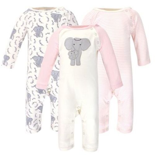 Touched By Nature Baby Girl Organic Cotton Coveralls 2pk, Girl Elephant, 0-3 Months