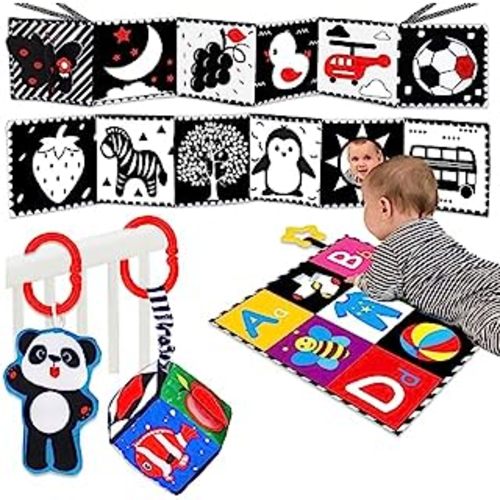 Tummy Time Baby Mirror Infant Toys Newborn Toys 0 3 Months Brain Development with Crinkle Cloth Book and Teether Black and White High Contrast Baby Toys 4 6 9 12 Month Boys Girls Crawling Sensory Toy
