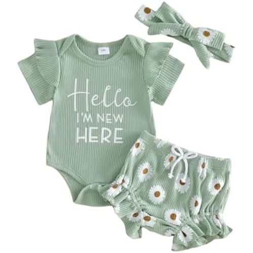 Newborn Baby Girl Clothes Infant Summer Outfits Little Sister Ruffle Romper Daisy Shorts Headband Set 0-18 Month