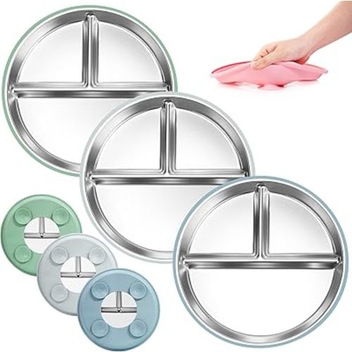 Bella's Friends Stainless Steel Toddler Plates Silicone Suction,3 Packs Non-Slip Kids Plates,Divided Portion,Food-Grade Silicone Plate for Baby,LEAD-FREE Dishwasher Safe,Green Blue Grey