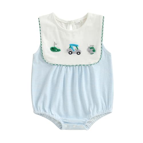 Mobbdow Newborn Baby Boy Golf Clothes Embroidery Sleeveless Bubble Romper Stripe Bodysuit Cute Infant One Piece Summer Outfit