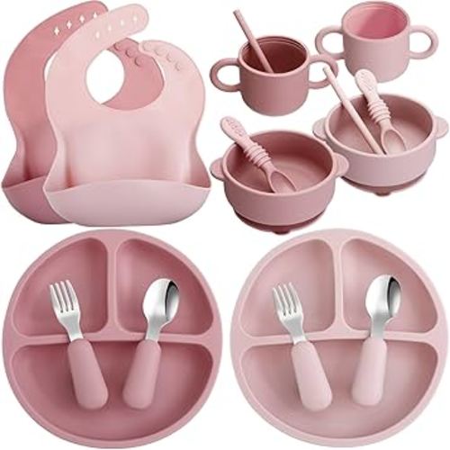 16 Pcs Baby Led Weaning Supplies Silicone Baby Feeding Set Baby Plates with Suction Baby Utensils with Divided Adjustable Bib Bowl Cutlery Snack Cup Spoons Straw 6 Months+ (Dark Pink, Dusty Pink)