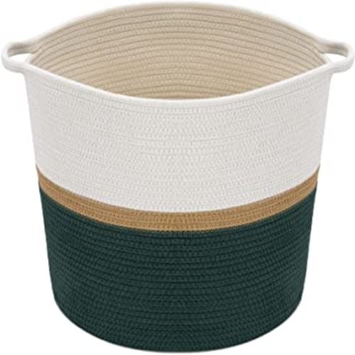 Navaris Cotton Rope Basket - 17.7" Diameter x 15" Height Woven Storage Basket with Handles for Laundry, Blankets - Dark Green/Natural/Off-White
