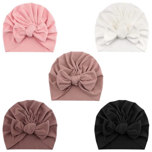 DRESHOW BQUBO 5 Pieces Newborn Baby Turban Hats Bow Baby Infant Beanie Breathable Toddler Cap for Baby Girls