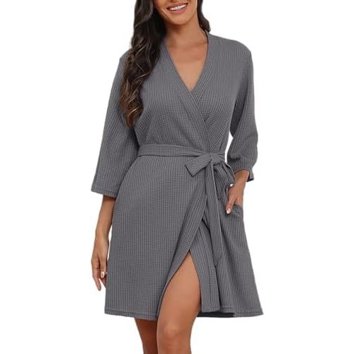 PrinStory Womens Robe Waffle Robes for Women Soft Bathrobe Lightweight Knee Length Loungewear
