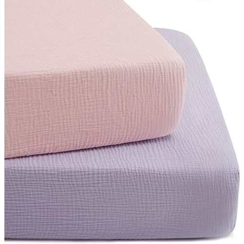 TILLYOU 2 Pack Muslin Crib Sheet for Boys and Girls - 100% Cotton Fitted Crib Sheet for Toddler Standard Crib Mattress, Soft and Breathable, 52"x28"x8",Light Purple&Light Pink