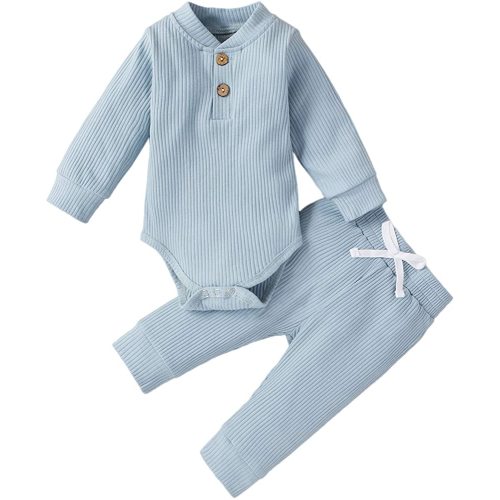 Winter Newborn Baby Boy Girl Clothes Set Ribbed Outfits Unisex Infant Solid Cotton Button Long Sleeve Tops Pants 2PCS