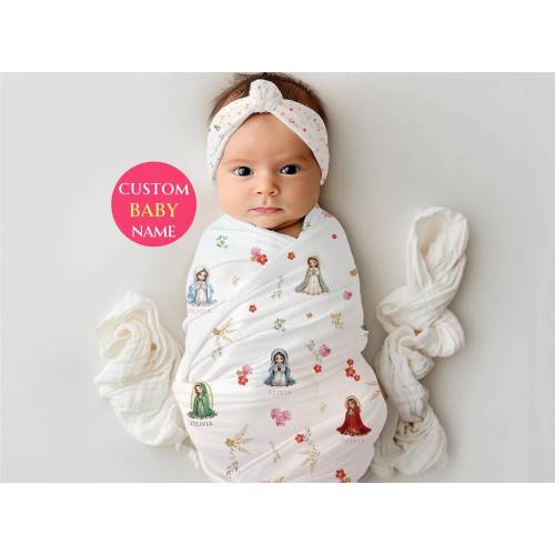 Baby Catholic Swaddle Blanket Girl Gift Name Custom Baby Shower Girl Baptism Gift Swaddle Quilt Hat Saint Blessed Virgin Mary Blanket Girl