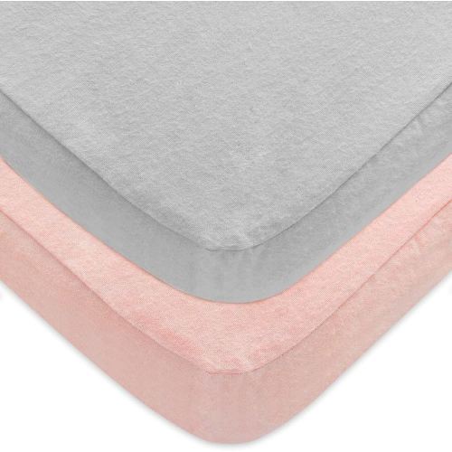 Pack 'n Play 2-Pack, 100% Cotton Flannel, Portable Mini Crib Sheets, Fitted Playard Mattress Cover for Girls & Boys, Ultra Soft Warm Breathable Convertible Playpen Sheet, Grey & Pink