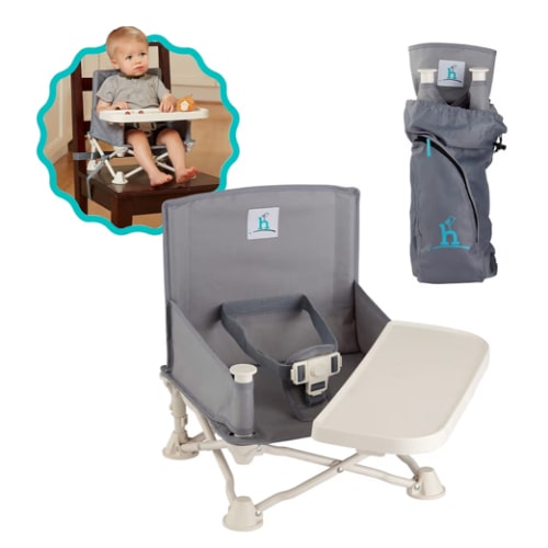 Hiccapop OmniBoost Travel Booster Seat with Tray for Baby, Dining Table, Camping, Beach, Grandma’s | Folding Portable Tip-Free Design Straps to Kitchen Chairs
