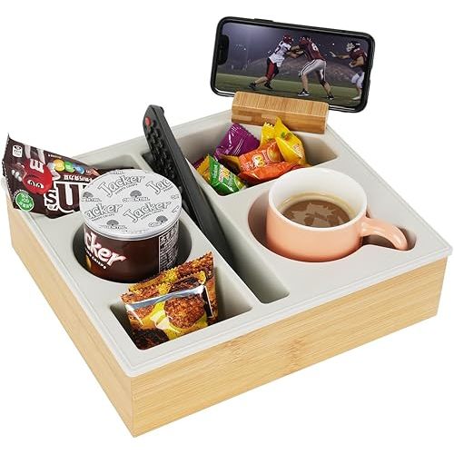 Couch Cup Holder Tray, Hitseon Handy Silicone Bamboo Couch Caddy with Rotatable Phone Holder for Bed Car Seat Organizer, Waterproof Anti-Spill Sofa Cup Holder for Snacks Beverage Remote (White)