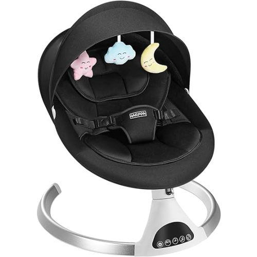 HARPPA Electric Baby Swing for Infants to Toddler, Portable Babies Swing for Newborn Boy and Girls with 5 Speed, Remote Control Music Speaker with 12 Lullabies and Bluetooth (Black)