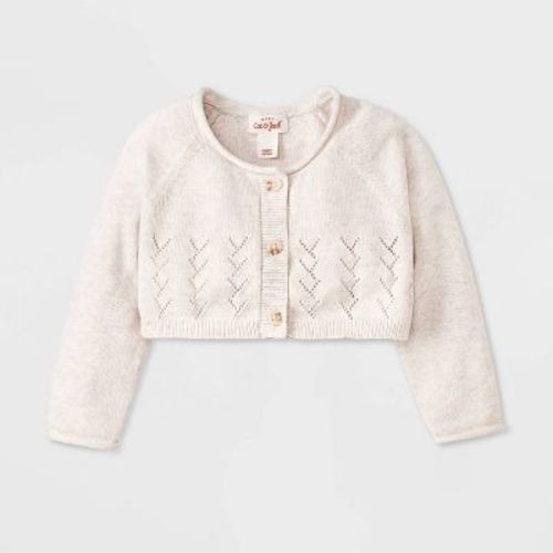 Baby Cardigan - Cat & Jack™ Cream 12M: Cotton Pointelle Knit, Long Sleeve, Front Button, Rolled Collar, Machine Washable