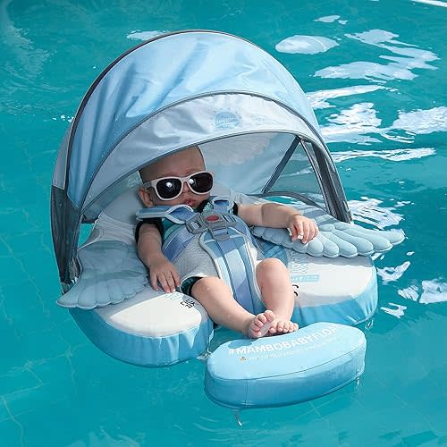 Mambobaby Float with Canopy Baby Swimming Pool Float Non Inflatable Baby Safety Float Upgraded Tail Soft Skin-Friendly Material Swim Float for Toddler Infant 3-24 Months, Angel