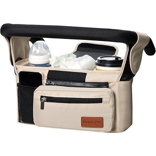 Momcozy Universal Baby Stroller Organizer, 2 Insulated Cup Holder, Detachable Zippered Pocket, Adjustable Shoulder Strap, Large capacity for baby essentials, Compact Design Fits Any Strollers