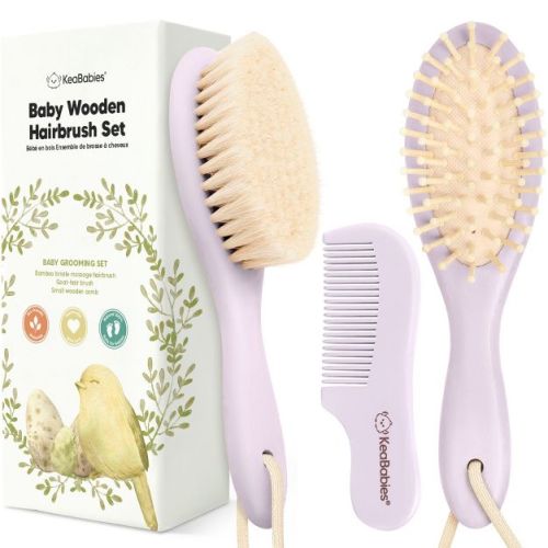 Baby Hair Brush and Comb Set, Oval Wooden Baby Brush Set for Newborns, Infant, Toddler Grooming Kit