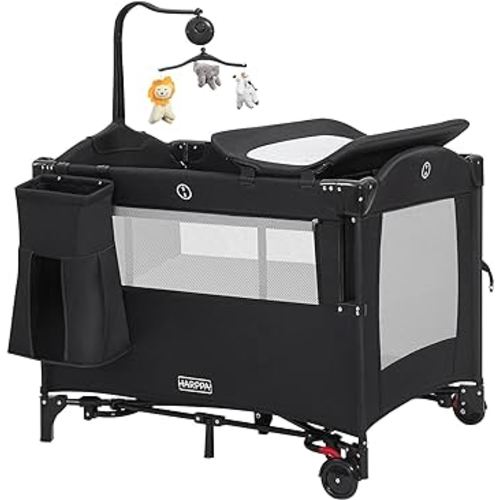 HARPPA Baby 5 in 1 Playard, Portable Pack and Play for Travel, Baby Bassinet Bedside Sleeper with Mattress, Rolling Bassinet for Infant, Pack n Play with Changing Table, Baby Bed, Crib(Black)