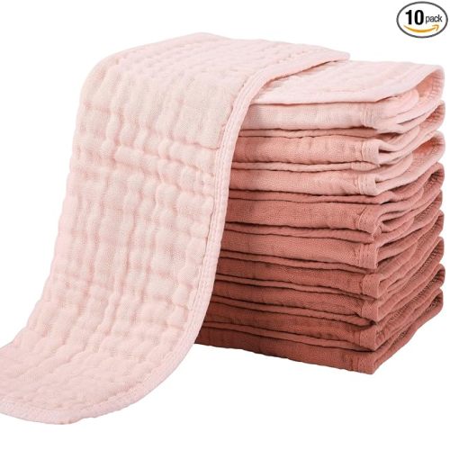 Yoofoss Muslin Burp Cloths for Baby 10 Pack 100% Cotton Baby Washcloths for Boys Girls Large 20''X10'' Super Soft and Absorbent Gradient Pink