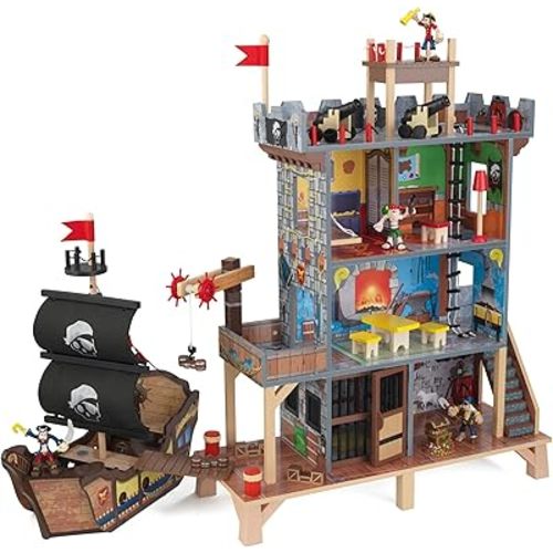KidKraft Pirate's Cove Wooden Ship Play Set with Lights and Sounds, Pirates and 17-Piece Accessories, Gift for Ages 3+