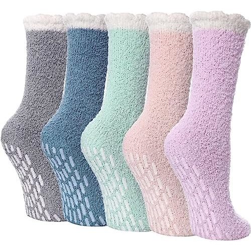 LINEMIN Calcetines antideslizantes y mullidos para mujer, acogedores calcetines suaves y esponjosos con agarres, pantuflas cálidas de invierno