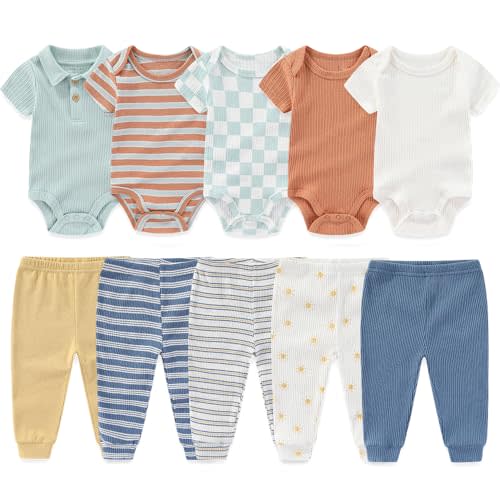 Kiddiezoom Newborn Baby Layette Set 10-Piece with Bodysuits and Pants Set for Unisex Baby Gift Sets