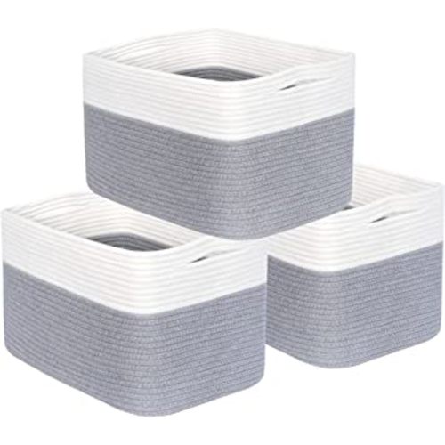 MINTWOOD Design 3-Pack Storage Baskets for Shelves, Playroom and Classroom Storage Basket, Book Basket, Decorative Storage Cube Bins, Woven Closet Organizers, Pantry and Shoe Organizer, Grey