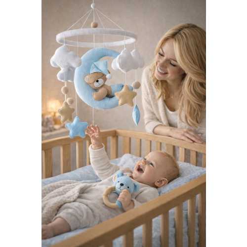 Baby Crib Mobile with Sleeping Teddy Bear Moon, Cute Blue Bear Neutral Nursery Decor, Felt Hanging Mobile, Baby Shower Gift, Nursery Inspo