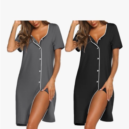 Ekouaer Nightgowns for Women 2 Pack Button Down Sleepshirt Short Sleeve Nightshirt Soft Sleepwear V Neck Pajama Dress