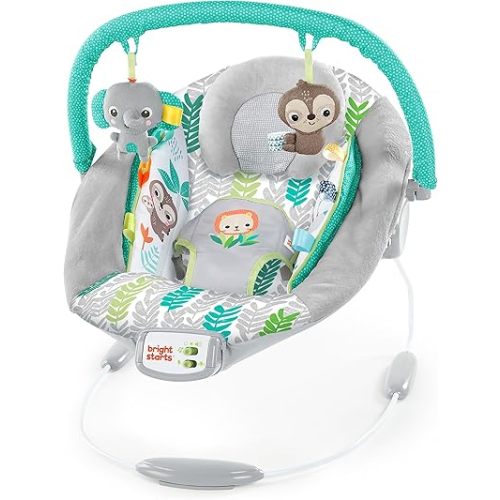 Bright Starts Comfy Baby Bouncer Soothing Vibrations Infant Seat - Taggies, Music, Removable Toy-Bar, 0-6 Months Up to 20 lbs (Jungle Vines)