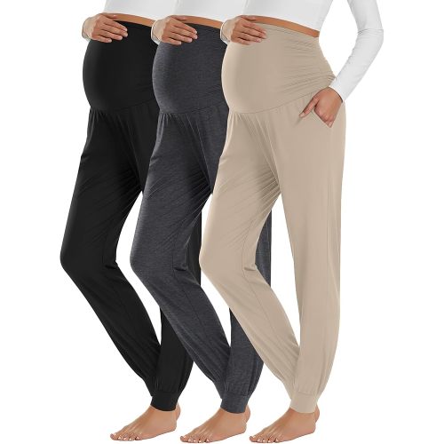 Neer 3 Pack Women's Maternity Joggers Over Belly Sweatpants Stretchy Pregnancy Lounge Pants with Pockets Fall