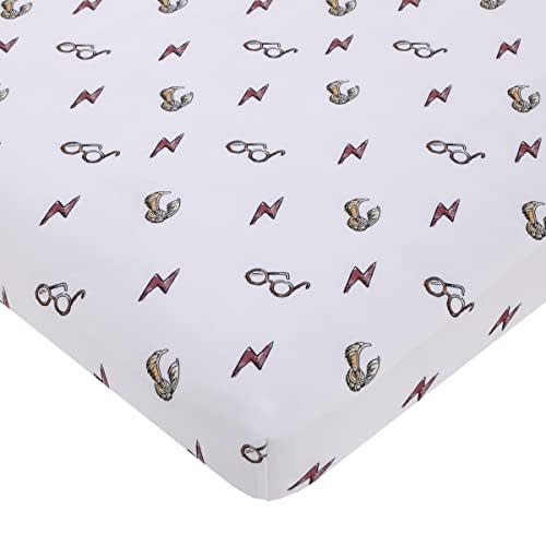 NoJo Warner Brothers Harry Potter White, Red, and Gold Lightning Bolt, Golden Snitch and Glasses Nursery Fitted Mini Crib Sheet