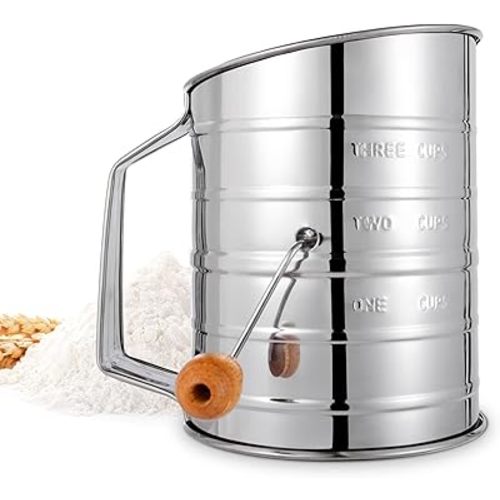 Flour Sifter, 3 Cup Flour Sifter for Baking Fine Mesh Rotary Hand Crank with Loop Agitator for Quick Sifting, Flour Sifter Stainlees Steel, Crank Sifter Flour for Baking Cakes and Spices Toresano