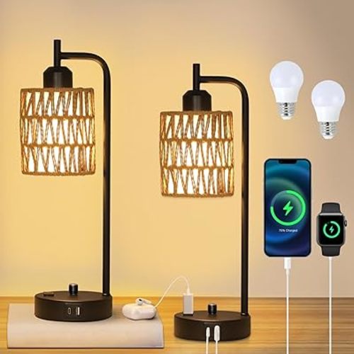 Rattan Table Lamps Set of 2, Black