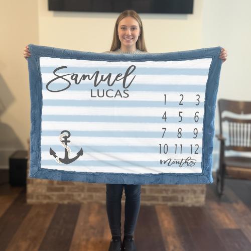 Personalized Nautical Baby Milestone Blanket – Anchor And Blue Stripes