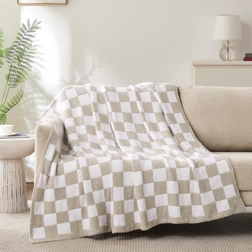 Cozzenity Checkered Throw Blanket, Taupe Soft Cozy Fluffy Knitted Throw Blankets for Couch, Sofa, Bed, Chair, Warm Fuzzy Travel Picnic Lightweight Plaid Blanket, 50x70 inches