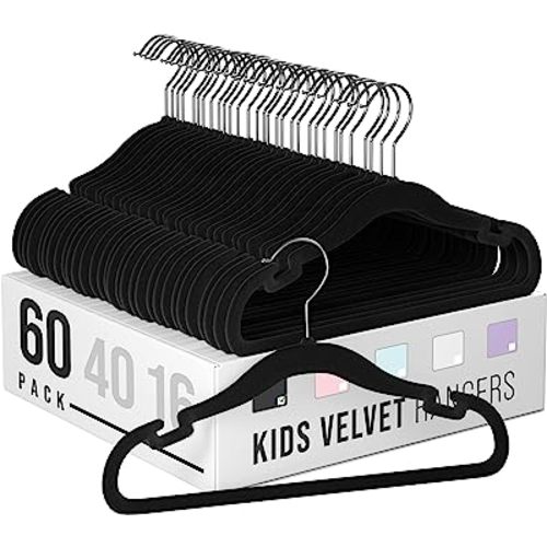 Velvet Baby Hangers for Clothes - Heavy Duty Non Slip Velvet Kids Hangers Or Toddler Hangers for Closet | Ultra Thin Design Kid Hangers for Space Saving - Ganchos De Ropa para Bebe (60 Pack Black)