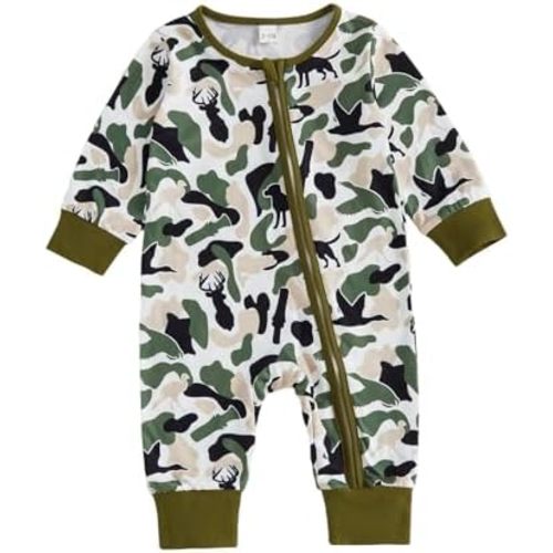 Newborn Baby Boy Fall Outfit Camouflage Long Sleeve Zipper Romper Jumpsuit Infant One Piece Hunting Clothes
