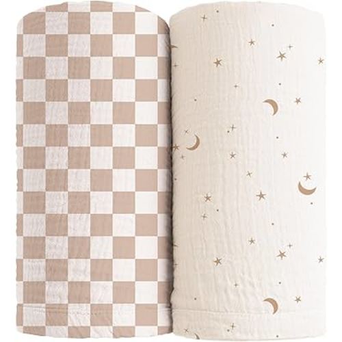 Konssy Muslin Swaddle Blankets for Girls Boys, 2 Pack Receiving Baby Blanket Large 47 x 47 inches, Soft Breathable Swaddling Wrap for Unisex Newborn (Coffee Check,Moon)