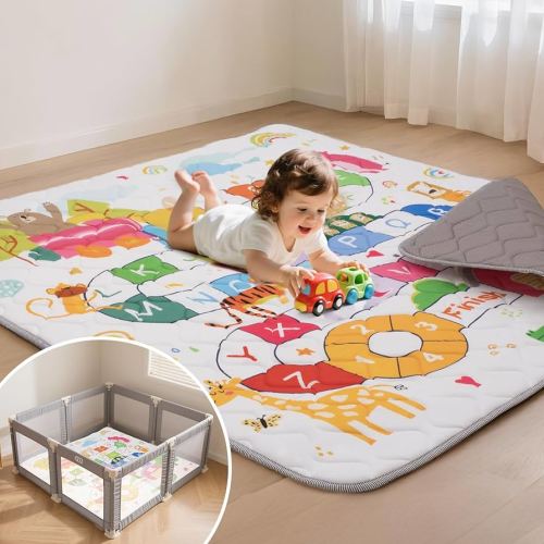 Baby Play Mat for Floor,50x50 Inch Soft Padding Crawling Mat for Playpen, Foldable and Machine Washable, Thick for Babies & Toddlers,Animal School