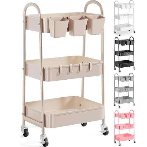 3 Tier Khaki Metal Utility Rolling Cart, Storage Cart with Handle and Lockable Wheels, Multifunctional Organizer Trolley with Mesh Storage Baskets for Kitchen, Office, Living Room, Laundry, Garage